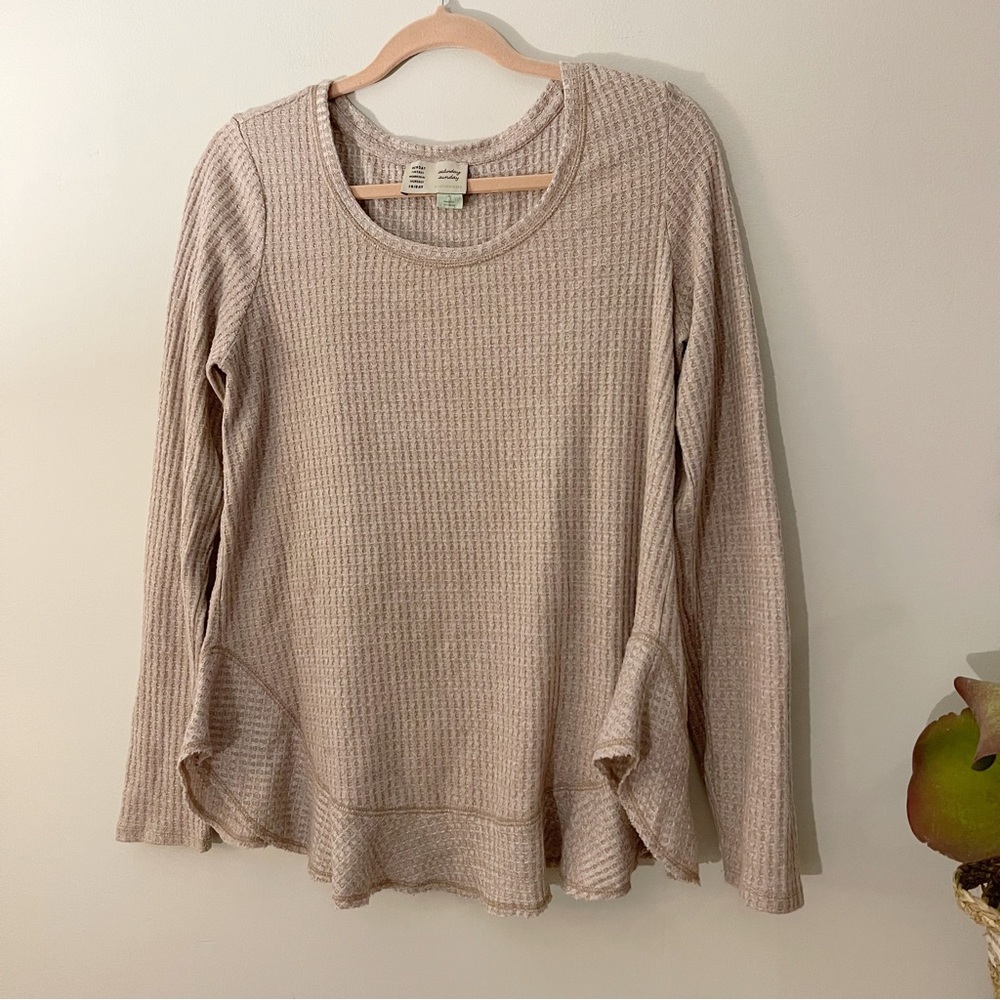 Anthropologie Saturday Sunday Tan Wendy Waffle Knit Top Long Sleeve Ruffle Hem - Picture 2 of 6